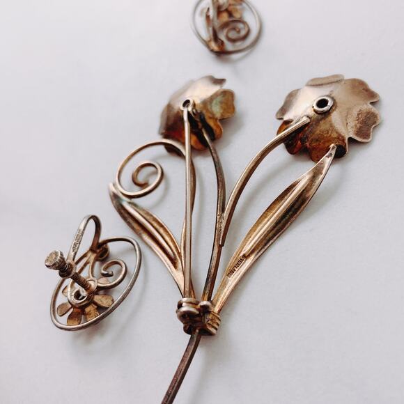 VTG Signed Jaykel Sterling Silver Floral Brooch & Earrings Set, 1940s 1950s MCM - Picture 12 of 16